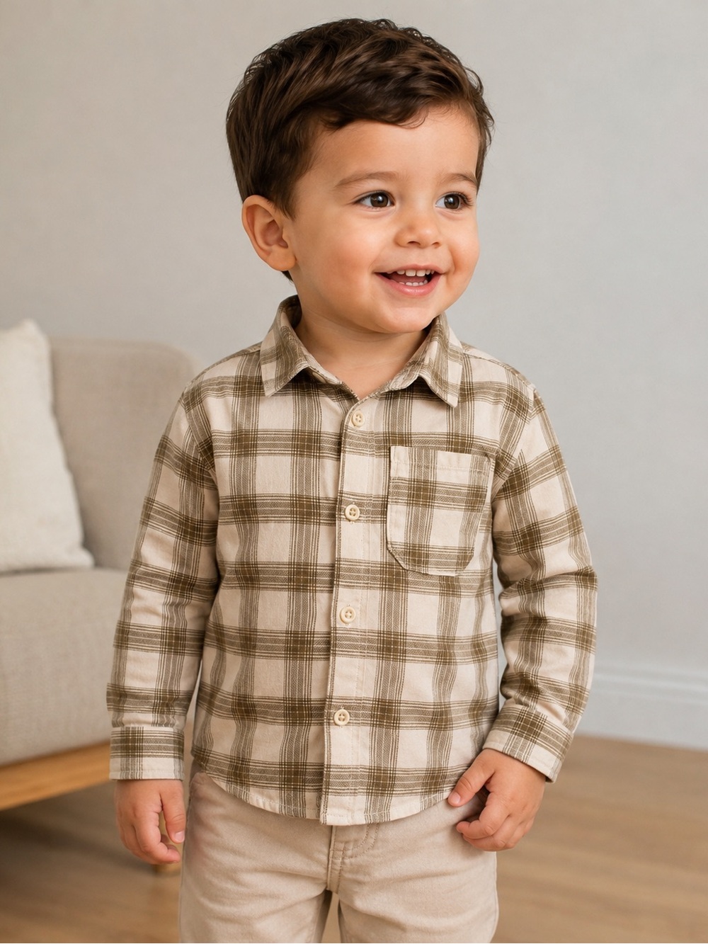 Zara Boys Beige & Brown Plaid Long Sleeve Button-Up Shirt 2–3Y / 98 cm